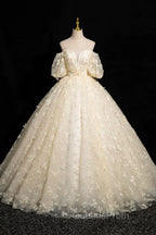 Elegant A-Line Tulle Floor Length Evening Prom Dress, Champagne Off The Shoulder Evening Party Dress