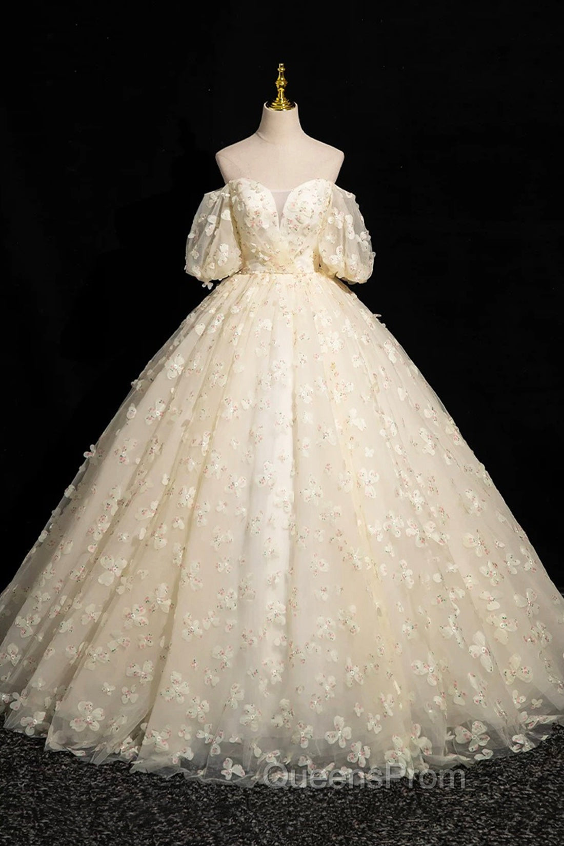 Elegant A-Line Tulle Floor Length Evening Prom Dress, Champagne Off The Shoulder Evening Party Dress