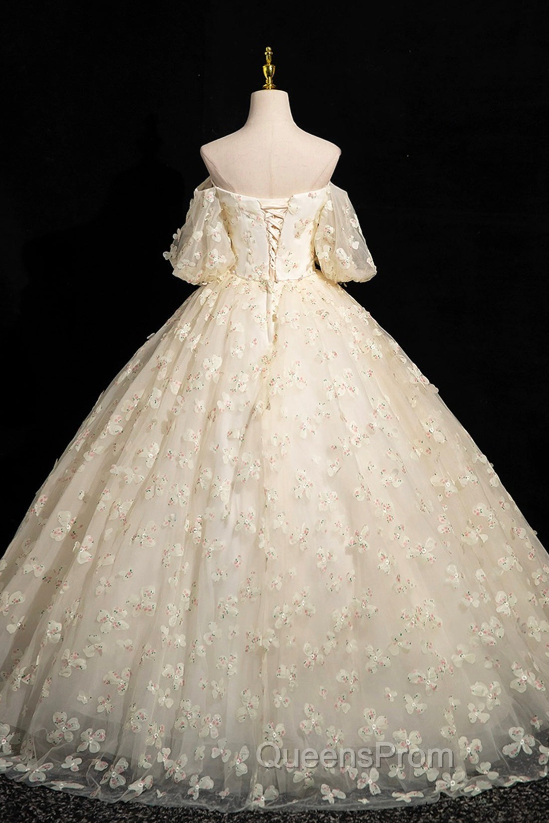 Elegant A-Line Tulle Floor Length Evening Prom Dress, Champagne Off The Shoulder Evening Party Dress