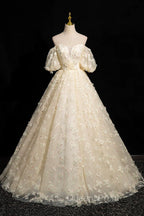 Elegant A-Line Tulle Floor Length Evening Prom Dress, Champagne Off The Shoulder Evening Party Dress
