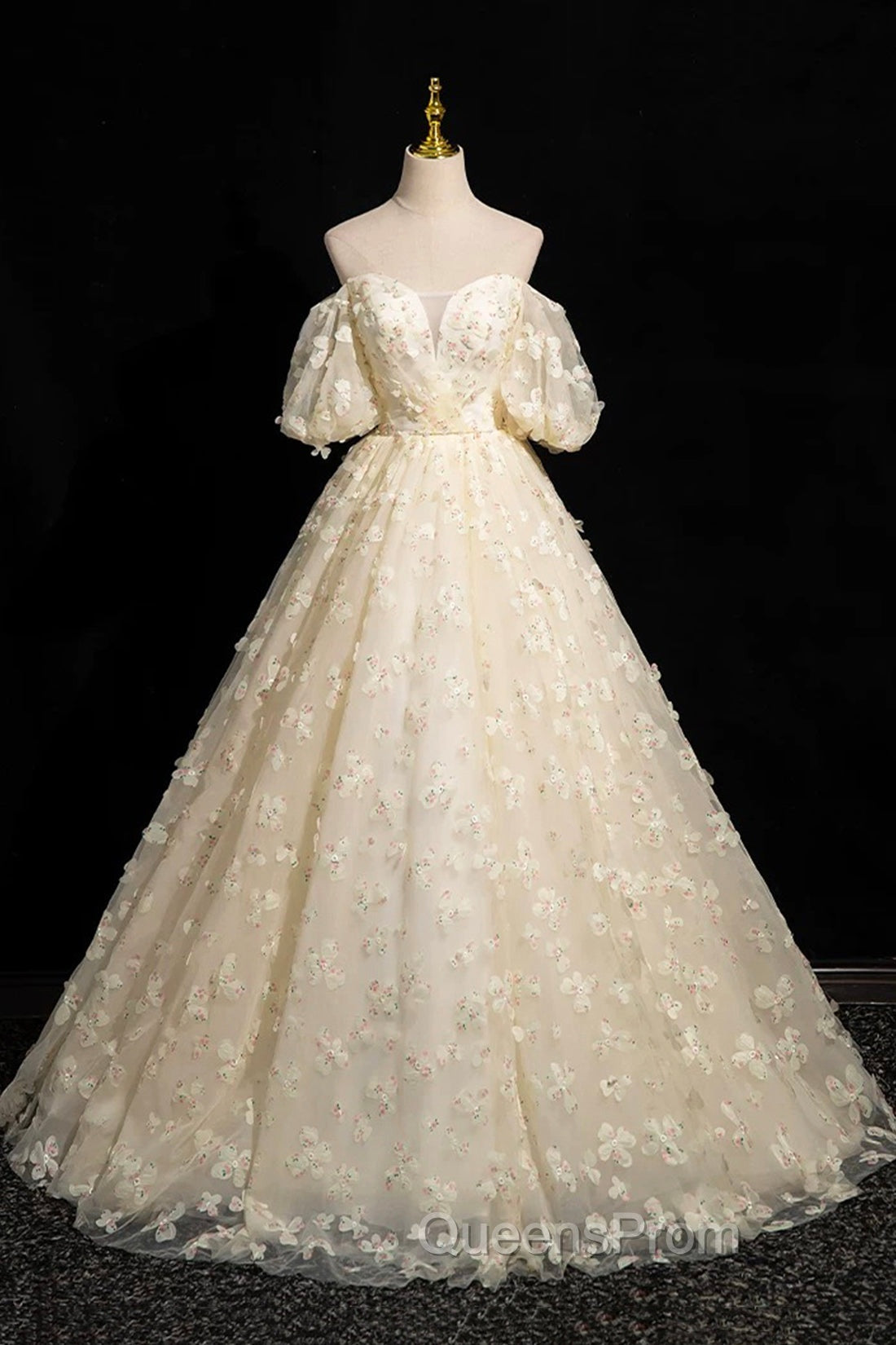 Elegant A-Line Tulle Floor Length Evening Prom Dress, Champagne Off The Shoulder Evening Party Dress