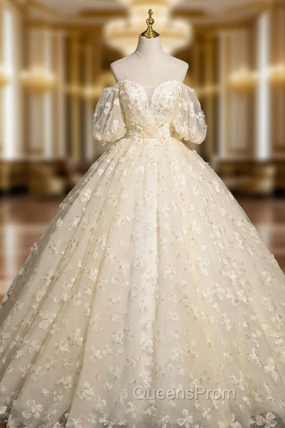 Elegant A-Line Tulle Floor Length Evening Prom Dress, Champagne Off The Shoulder Evening Party Dress