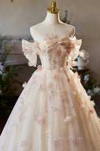 Elegant A-Line Tulle Floor Length Evening Prom Dress, Champagne Off The Shoulder Party Dress