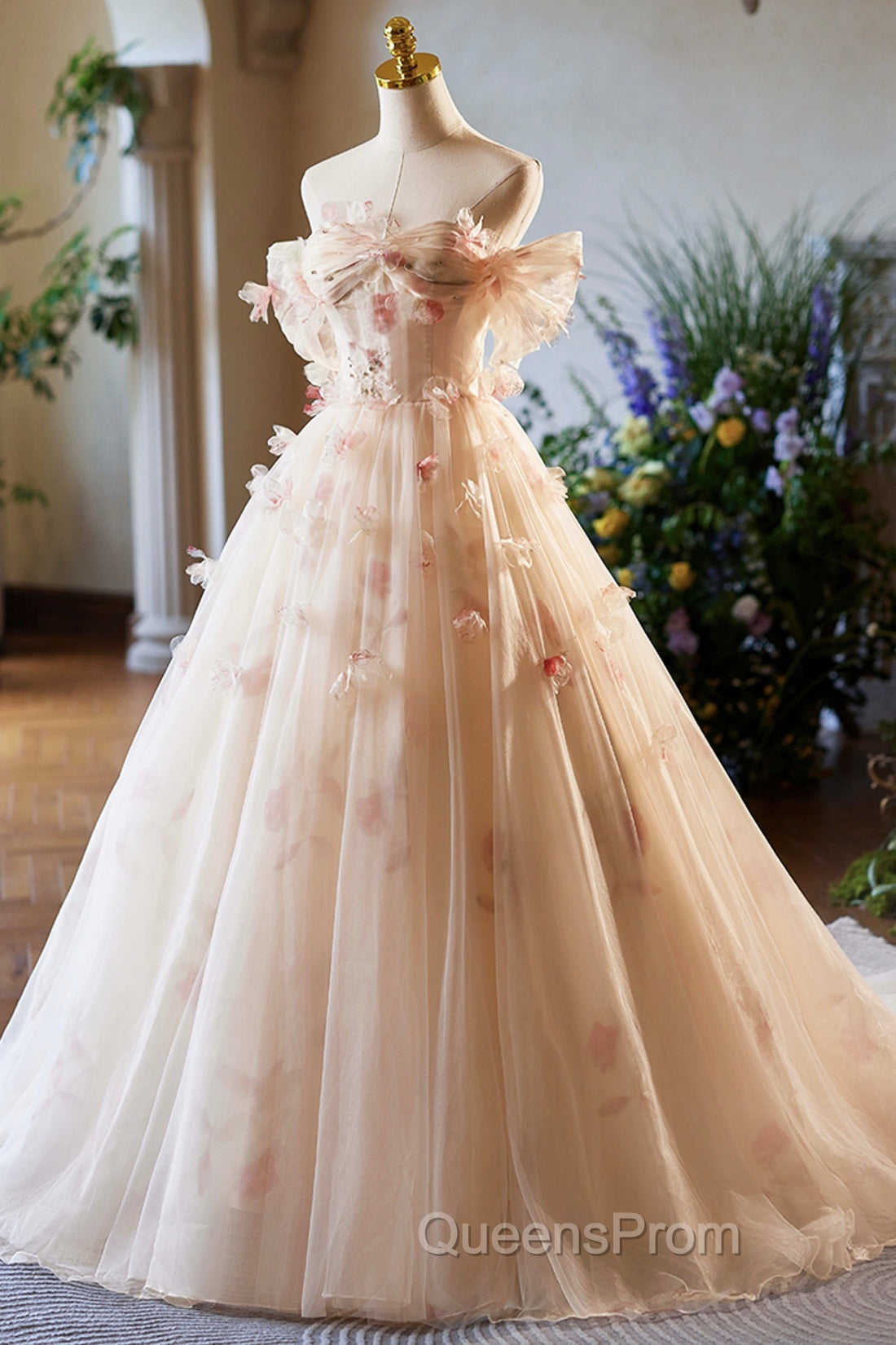 Elegant A-Line Tulle Floor Length Evening Prom Dress, Champagne Off The Shoulder Party Dress