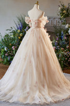 Elegant A-Line Tulle Floor Length Evening Prom Dress, Champagne Off The Shoulder Party Dress