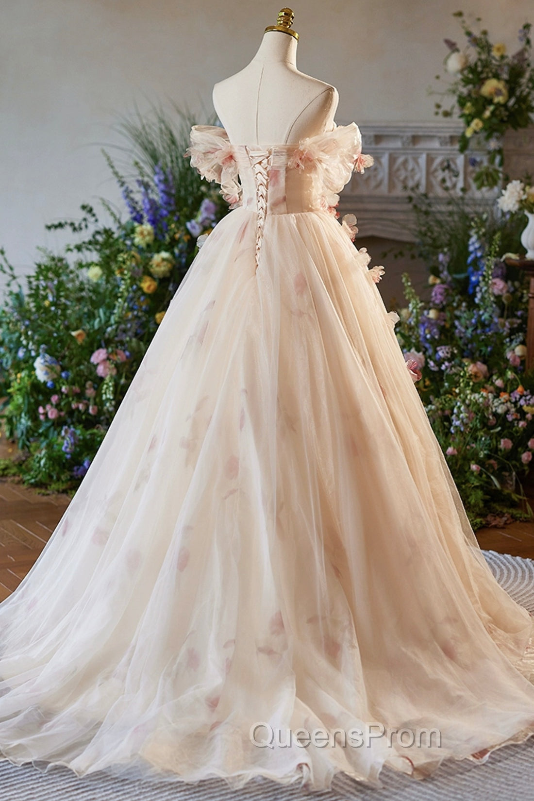 Elegant A-Line Tulle Floor Length Evening Prom Dress, Champagne Off The Shoulder Party Dress