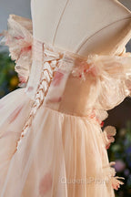 Elegant A-Line Tulle Floor Length Evening Prom Dress, Champagne Off The Shoulder Party Dress