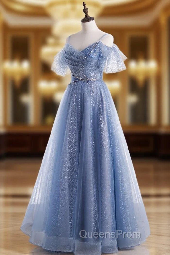 Elegant  A line Tulle Sequin Blue Long Evening Prom Dress, Tulle Blue Evening Dress Main image