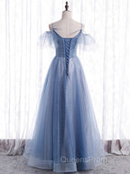 Elegant  A line Tulle Sequin Blue Long Evening Prom Dress, Tulle Blue Evening Dress