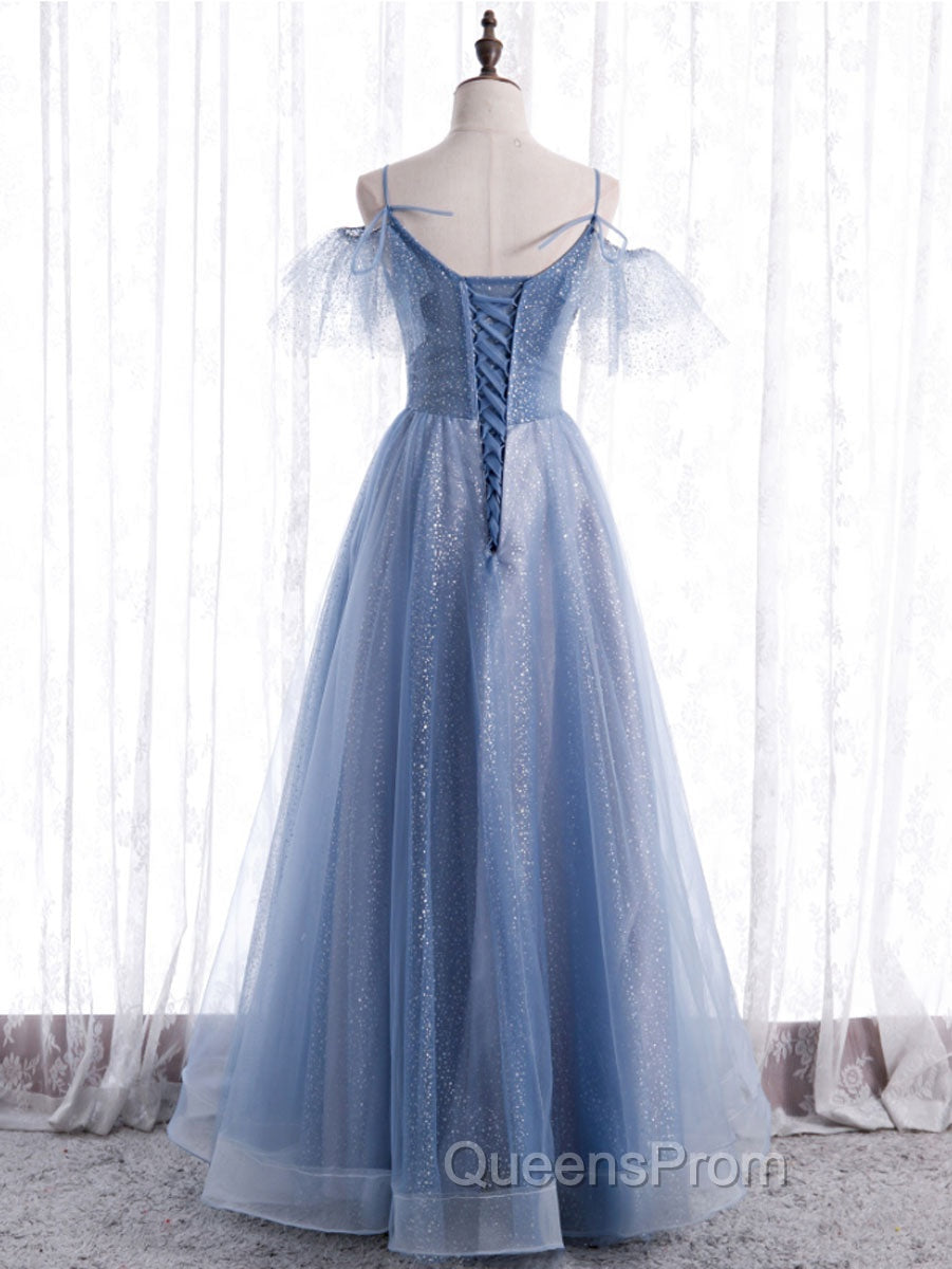 Elegant  A line Tulle Sequin Blue Long Evening Prom Dress, Tulle Blue Evening Dress