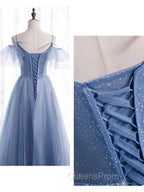 Elegant  A line Tulle Sequin Blue Long Evening Prom Dress, Tulle Blue Evening Dress