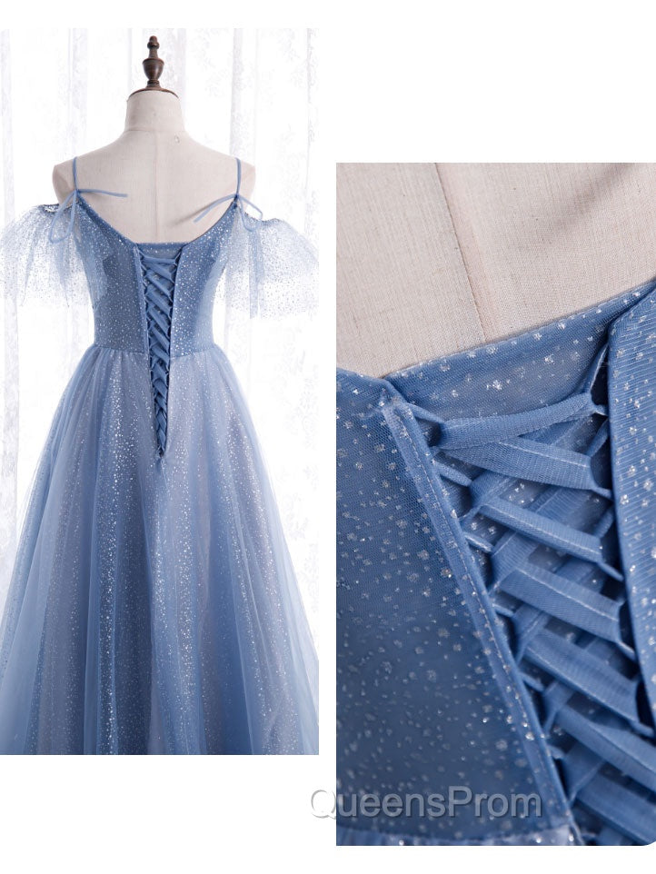 Elegant  A line Tulle Sequin Blue Long Evening Prom Dress, Tulle Blue Evening Dress
