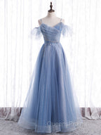 Elegant  A line Tulle Sequin Blue Long Evening Prom Dress, Tulle Blue Evening Dress