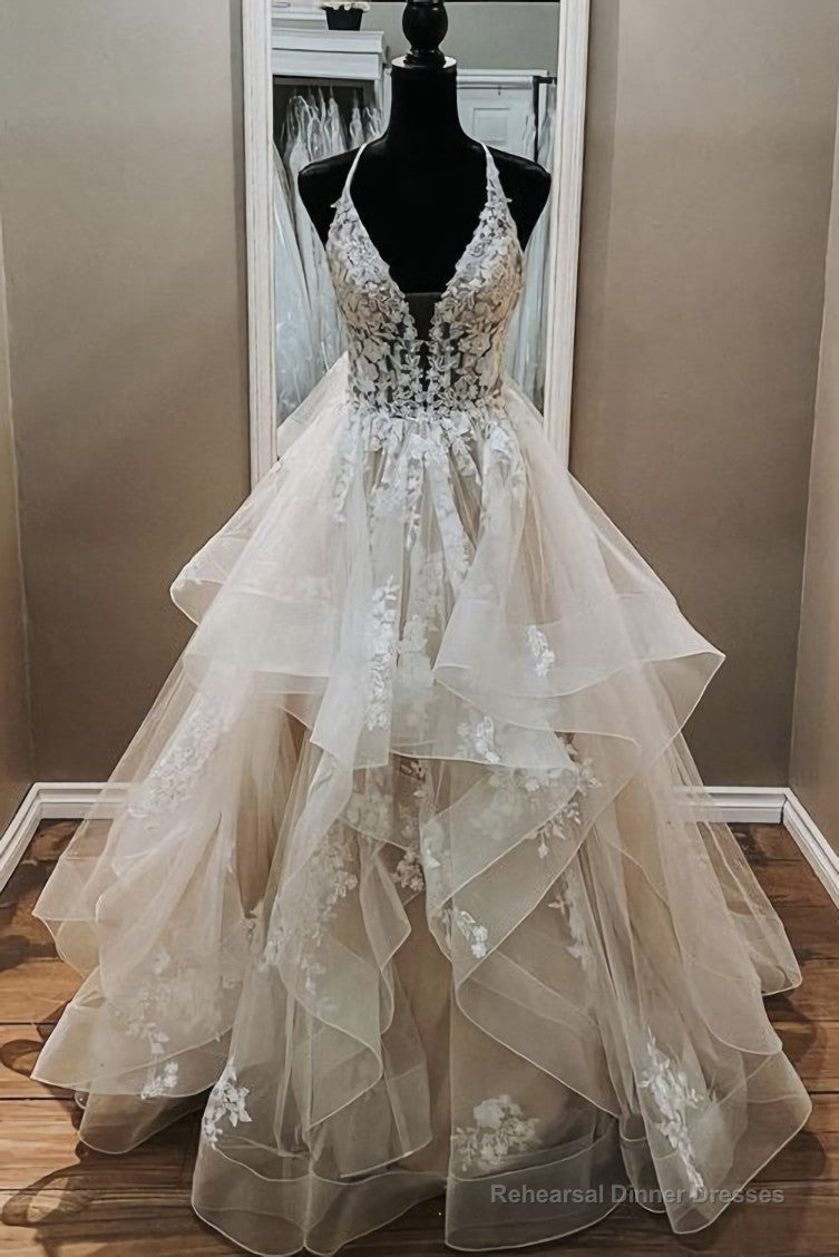 Elegant A-line V Neck Backless Appliques Tulle Lace Wedding Dresses,Bridal Gown Main image