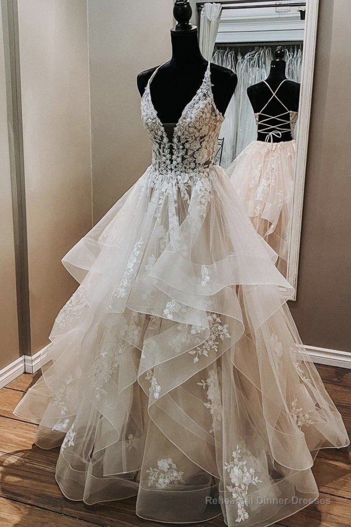Elegant A-line V Neck Backless Appliques Tulle Lace Wedding Dresses,Bridal Gown Secondary image