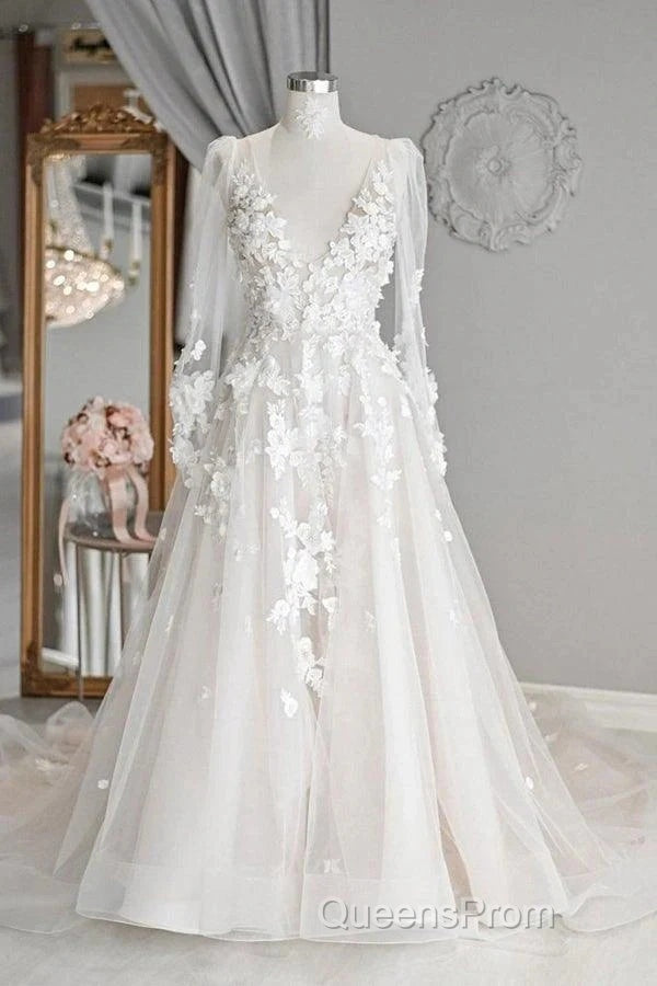 Elegant A-Line V-Neck Long Sleeved Ivory Sheer And Floor Length Wedding Dress