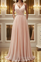 Elegant A Line V Neck Pink Long Evening Prom Dress, Pink Formal Graduation Evening Dress