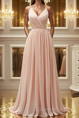 Elegant A Line V Neck Pink Long Evening Prom Dress, Pink Formal Graduation Evening Dress