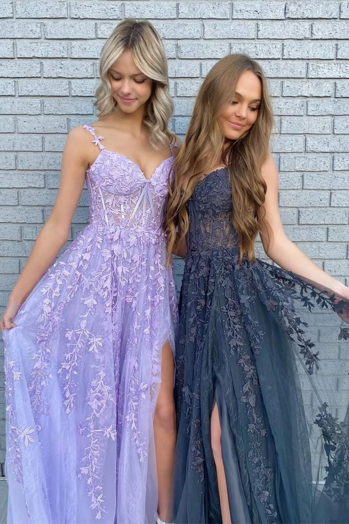 Elegant A Line V Neck Purple/Black Tulle Lace Long Classy Prom Dress, Purple/Black Lace Classy Graduation Classy Evening Dress Main image