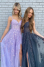 Elegant A Line V Neck Purple/Black Tulle Lace Long Classy Prom Dress, Purple/Black Lace Classy Graduation Classy Evening Dress