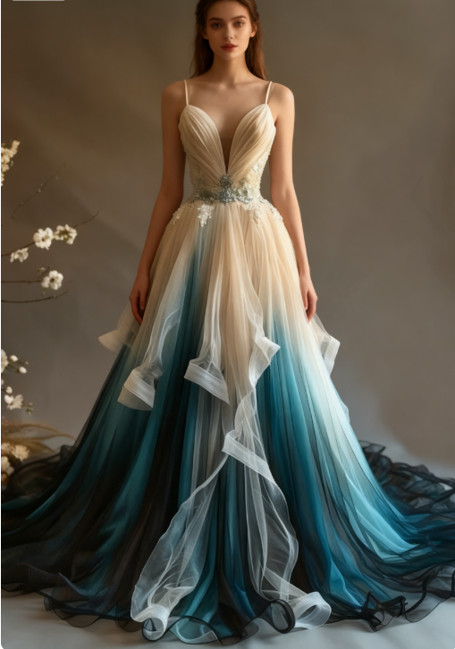 Elegant A-Line V-Neck Tulle Applique Long Classy Prom Dress, Spaghetti Strap Vintage Classy Evening Dress Secondary image