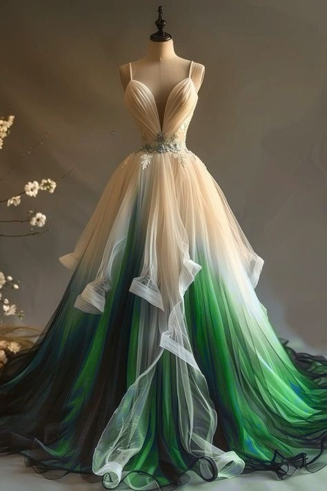 Elegant A-Line V-Neck Tulle Applique Long Classy Prom Dress, Spaghetti Strap Vintage Classy Evening Dress