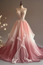 Elegant A-Line V-Neck Tulle Applique Long Classy Prom Dress, Spaghetti Strap Vintage Classy Evening Dress
