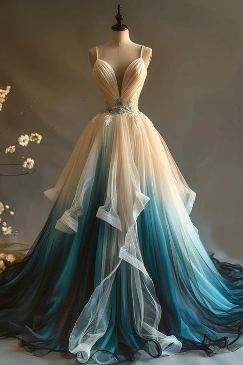 Elegant A-Line V-Neck Tulle Applique Long Classy Prom Dress, Spaghetti Strap Vintage Classy Evening Dress Main image
