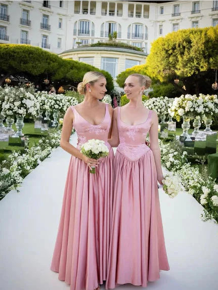 Elegant A Line V Neckline Bridesmaid Dress Floor-Length Satin Long Pink Classy Evening Dress Classy Prom Dress