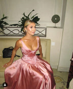 Elegant A Line V Neckline Floor-Length Satin Long Pink Classy Evening Dress Classy Prom Dress