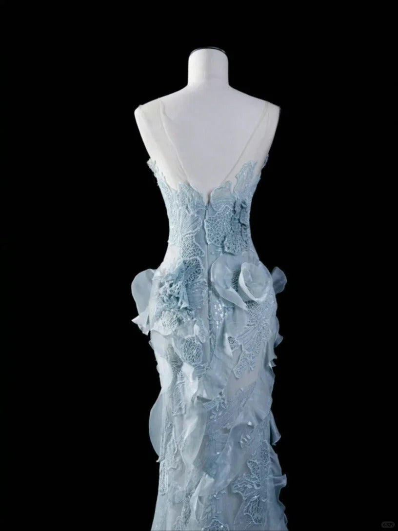 Elegant and dreamy light blue tube top lace flower mermaid wedding dress