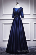 Elegant And Noble Blue Short Sleeved Lace Decal Ball Dress With Blue V-Neck Satin And Beaded Back Zipper And Floor Length Evening Dress