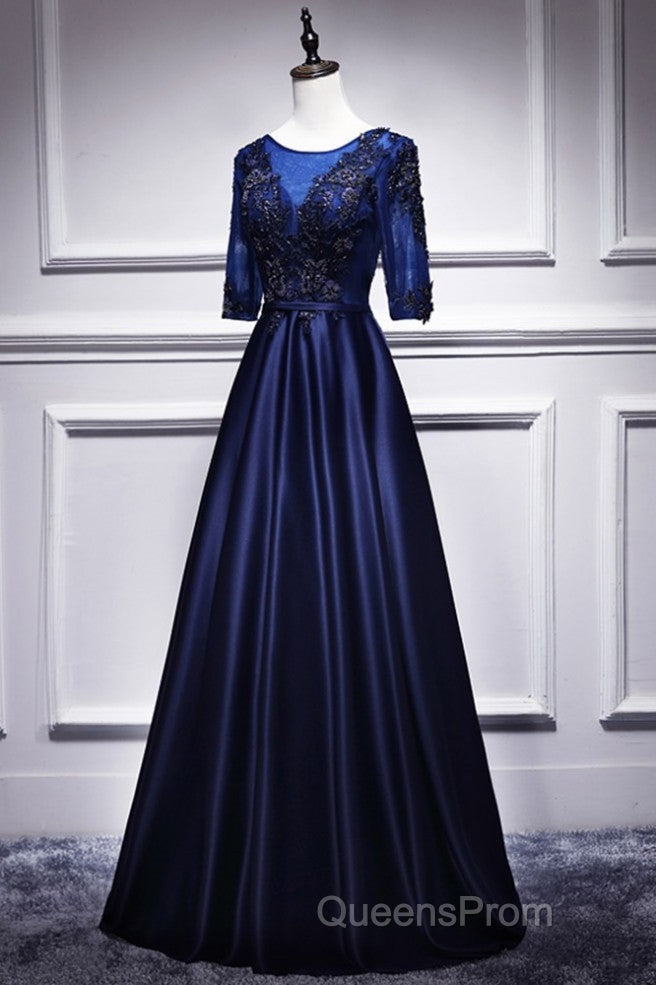 Elegant And Noble Blue Short Sleeved Lace Decal Ball Dress With Blue V-Neck Satin And Beaded Back Zipper And Floor Length Evening Dress