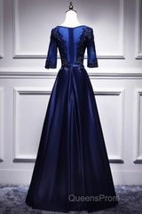 Elegant And Noble Blue Short Sleeved Lace Decal Ball Dress With Blue V-Neck Satin And Beaded Back Zipper And Floor Length Evening Dress