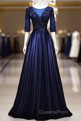 Elegant And Noble Blue Short Sleeved Lace Decal Ball Dress With Blue V-Neck Satin And Beaded Back Zipper And Floor Length Evening Dress