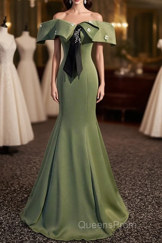 Elegant And Noble Clover Green Off The Shoulder Sleeveless Fishtail Evening Dress With Clover Green Off The Back Strap And Ground Length Evening Prom Dress Main image