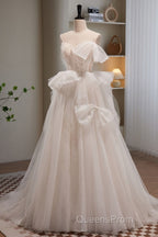 Elegant And Noble Ivory Sleeveless Off Shoulder Beaded Bow Evening Dress Ivory Thin Shoulder Strap Off Back Strap Evening Prom Dress