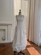 Elegant And Simple White Bud Square Neck Suspender Satin Classy Prom Dress Bridesmaid Dress