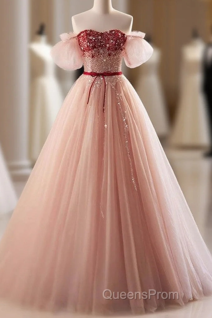 Elegant And Sweet Powder Blusher Powder Beading Sequins Off Shoulder Short Sleeve Evening Prom Dress Powder Blusher Powder A-Shaped Princess Bow Belt Tulle Backless And Floor Length Evening Dress Main image