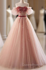 Elegant And Sweet Powder Blusher Powder Beading Sequins Off Shoulder Short Sleeve Evening Prom Dress Powder Blusher Powder A-Shaped Princess Bow Belt Tulle Backless And Floor Length Evening Dress