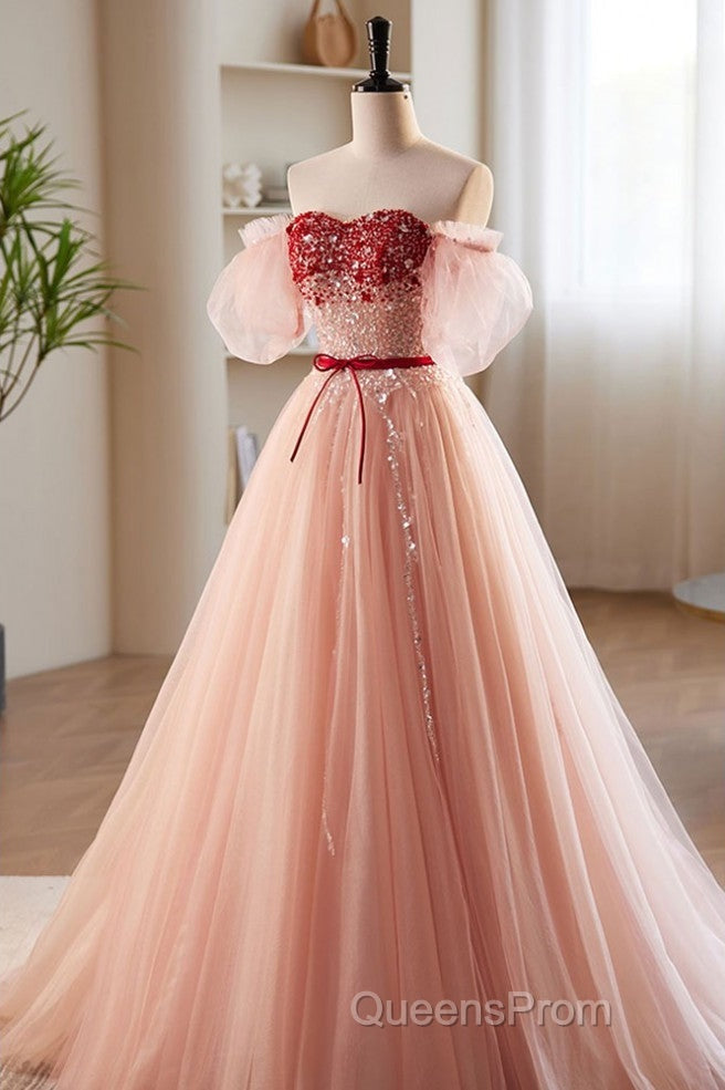 Elegant And Sweet Powder Blusher Powder Beading Sequins Off Shoulder Short Sleeve Evening Prom Dress Powder Blusher Powder A-Shaped Princess Bow Belt Tulle Backless And Floor Length Evening Dress Secondary image
