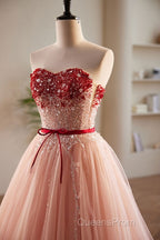 Elegant And Sweet Powder Blusher Powder Beading Sequins Off Shoulder Short Sleeve Evening Prom Dress Powder Blusher Powder A-Shaped Princess Bow Belt Tulle Backless And Floor Length Evening Dress
