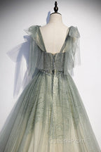 Elegant And Sweet Sage Green Sleeveless Off Shoulder Beads With Sparkling Sheer Sequins Evening Prom Dress Sage Green A-Line Princess Shoulder Off Back Sweeping Train Ruffle Edge Evening Dress