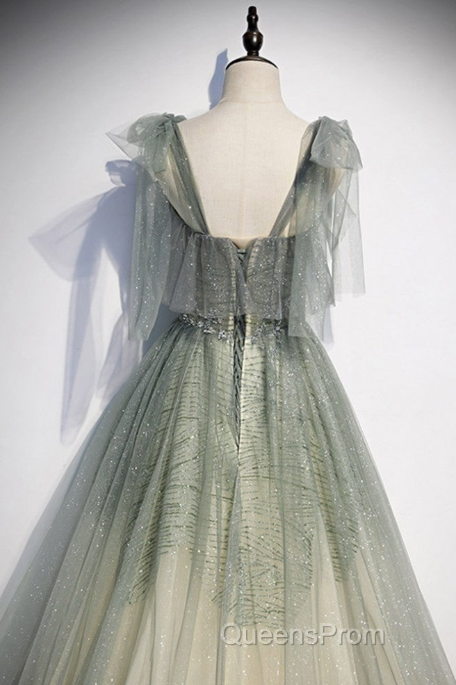Elegant And Sweet Sage Green Sleeveless Off Shoulder Beads With Sparkling Sheer Sequins Evening Prom Dress Sage Green A-Line Princess Shoulder Off Back Sweeping Train Ruffle Edge Evening Dress