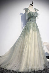 Elegant And Sweet Sage Green Sleeveless Off Shoulder Beads With Sparkling Sheer Sequins Evening Prom Dress Sage Green A-Line Princess Shoulder Off Back Sweeping Train Ruffle Edge Evening Dress