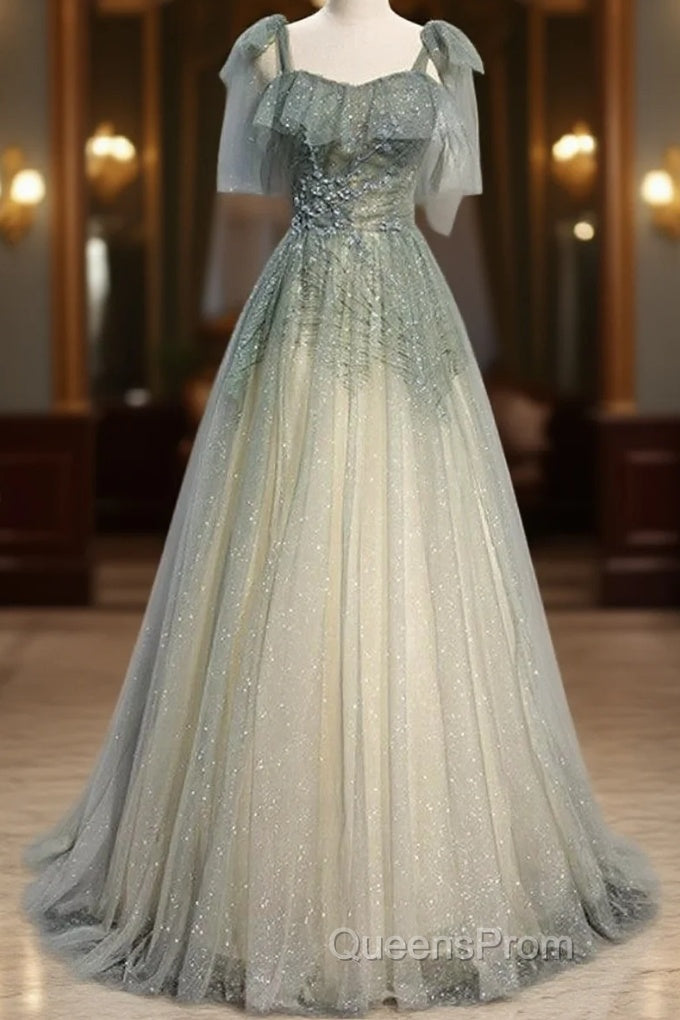 Elegant And Sweet Sage Green Sleeveless Off Shoulder Beads With Sparkling Sheer Sequins Evening Prom Dress Sage Green A-Line Princess Shoulder Off Back Sweeping Train Ruffle Edge Evening Dress Main image