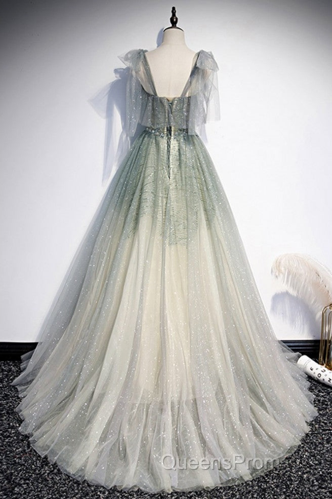 Elegant And Sweet Sage Green Sleeveless Off Shoulder Beads With Sparkling Sheer Sequins Evening Prom Dress Sage Green A-Line Princess Shoulder Off Back Sweeping Train Ruffle Edge Evening Dress Secondary image