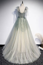 Elegant And Sweet Sage Green Sleeveless Off Shoulder Beads With Sparkling Sheer Sequins Evening Prom Dress Sage Green A-Line Princess Shoulder Off Back Sweeping Train Ruffle Edge Evening Dress
