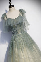 Elegant And Sweet Sage Green Sleeveless Off Shoulder Beads With Sparkling Sheer Sequins Evening Prom Dress Sage Green A-Line Princess Shoulder Off Back Sweeping Train Ruffle Edge Evening Dress