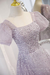 Elegant And Unique Lavender Square Neckline Fluffy Short Sleeved Beaded Sequin Ball Dress Lavender A-Line Princess Sheer Backless Strap And Floor Length Evening Dress